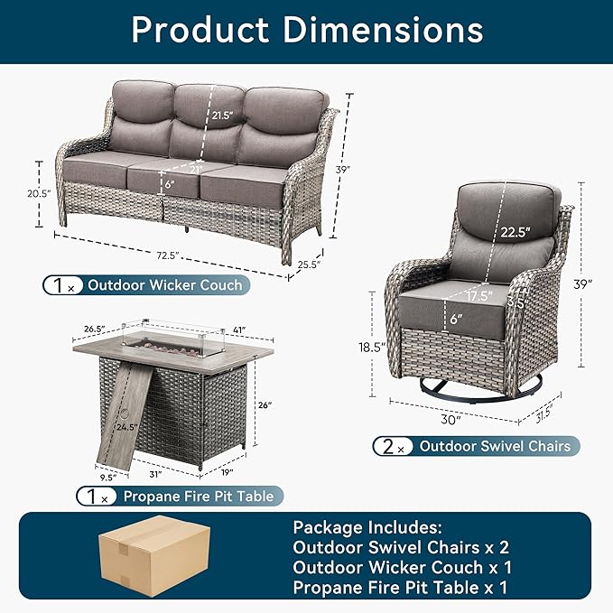 Luxury Patio Furniture Set with Fire Pit Table-4 Pieces High Back Wicker Swivel Rocker Chairs with 6" Extra Thick Cushions, Outdoor Patio Conversation Sets for Porch Deck Backyard(Grey/Grey)