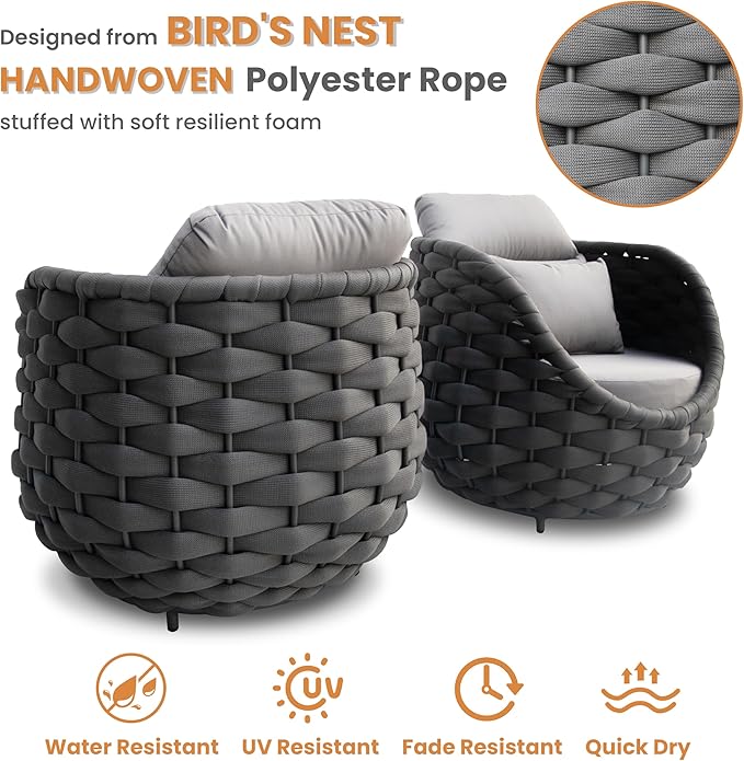 4 Pieces Balcony Seating Set: Aluminum Woven Rope Patio Chair Furniture Set - All Weather Metal Outdoor Conversation Set - Assembled Armchair with Table for Bistro Deck Porch Apartment Hotel