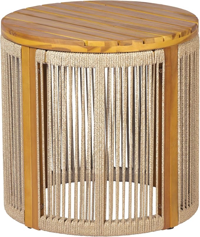 Teak Finish Acacia Wood Round Side Table with Multi Brown Color Rope, 25 lbs Weight Capacity, Weather-Resistant Accent Table for Patio Backyard Living Room