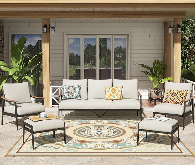 NATURAL EXPRESSIONS 7 Pieces Patio Furniture Set, Outdoor Furniture Sofa Sectional Modern Metal Patio Conversation Set with High Back Wicker Backrest & Loveseat for Balcony, Backyard, Deck, Porch