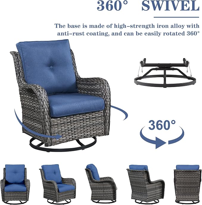 Belord Patio Furniture Set 6 Seats, Outdoor Swivel Rocker Patio Chairs, Oversized Outdoor Sectional Couch, Two 3-Seater Sofas with Coffee Table, Ideal for Porch, Deck, Gray Wicker/Blue