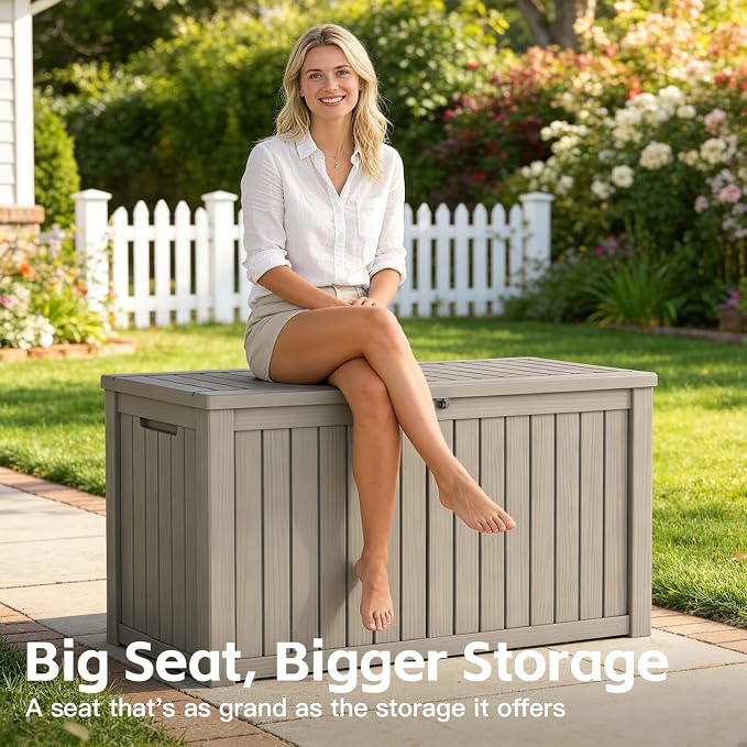 Mars Villa 180 Gallon Outdoor Storage Box Waterproof, Extra Large Resin Deck Box, Outside Storage Bin for Patio Furniture Cushion, Pool Supply, Sports Gear, UV Resistant and Weatherproof, Greige