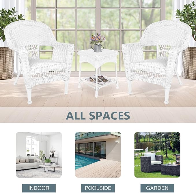 Jeco 3 Piece Wicker Chair and End Table Set without Cushion, White