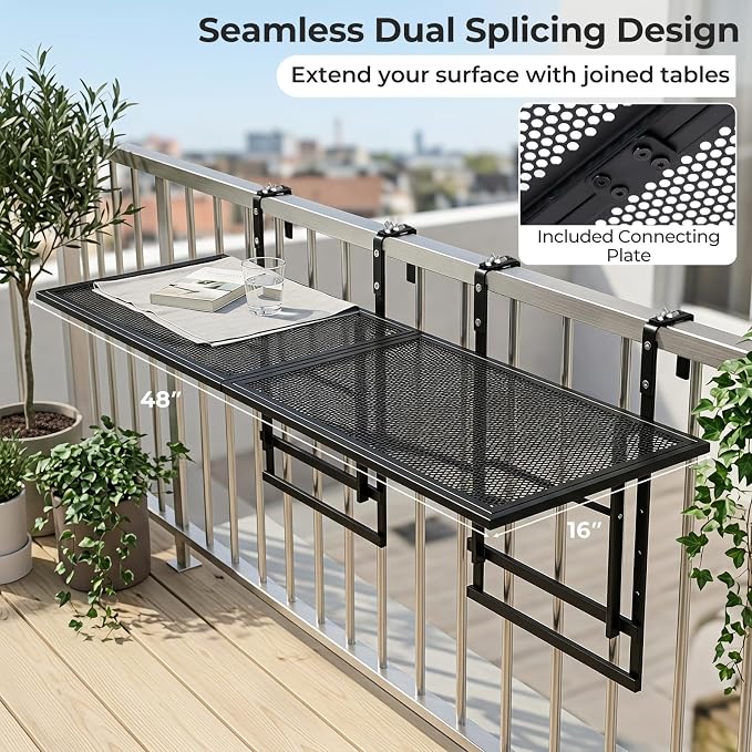 Giantex 48" Balcony Railing Table, 2-Piece Connectable Metal Folding Hanging Bar Table with 5-Level Adjustable Height, Fit 1.5"-3.5" Round/Square Railing, Outdoor Side Desk for Patio & Deck