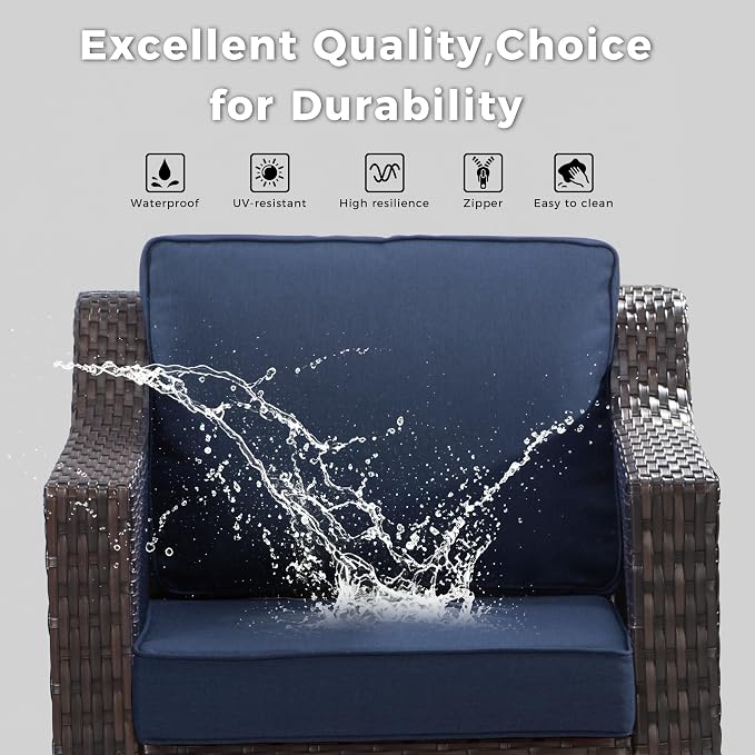 3 Pieces Patio Conversation Furniture Set - 2 Armchairs, 1 Side Table, Outdoor Wicker Furniture with Removable Cushions for Porch, Balcony, Deck, Sunroom (Blue)