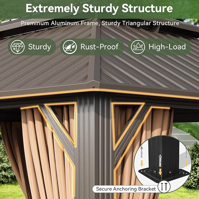 Aoxun 14’x12’ Outdoor Gazebo, Heavy Duty Canopy Pavilion with Ventilated Double Roof, Patio Pergola with Netting and Curtains for Backyard, Garden, Deck (Brown)