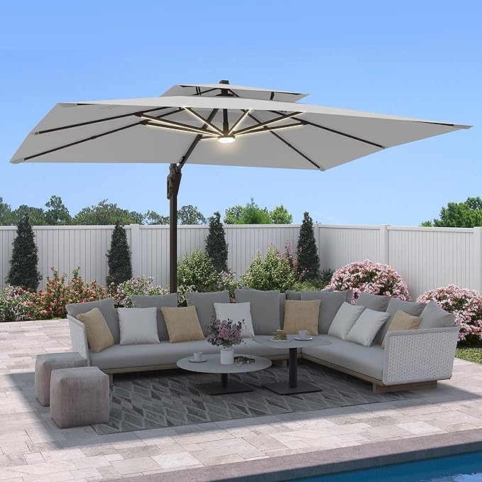 9 X 12 FT Cantilever Outdoor Patio Umbrella with Base Included Large Heavy Duty 360° Rotation Double Top Offset Rectangular Umbrellas with LED Lights for Backyard Outside Deck, Fog Grey