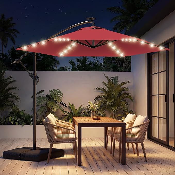 HOMSHADE 10FT Offset Patio Umbrella with Solar Lights, Outdoor Patio Umbrella with Base Included, Easy Tilt and UPF50+ Cantilever Market Hanging Umbrellas for Pool, Deck, Garden, Patio (Red)