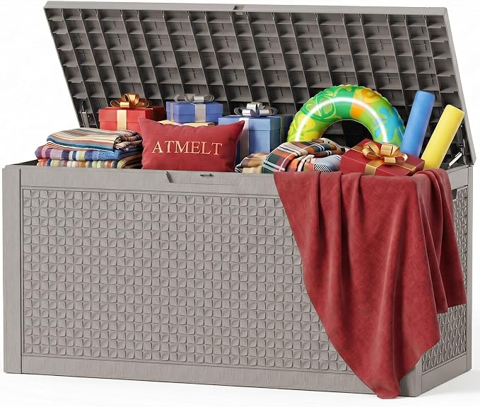 150 Gallon Outdoor Storage Box, Large Resin Deck Box Waterproof, Lockable Toy Storage Container, Storage Bins with Lids for Patio furniture, Garden Tool Box, Grey