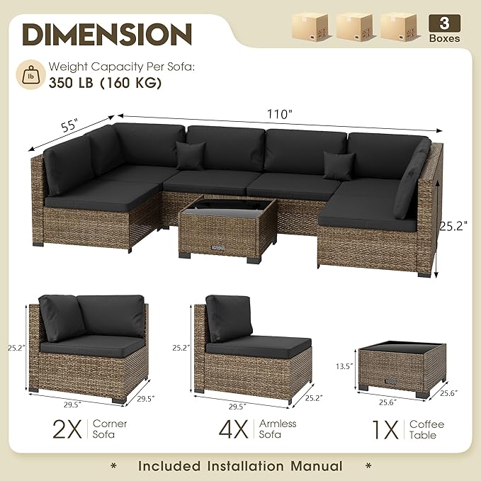 LHBcraft 7 Piece Patio Outdoor Furniture Set, Outdoor Sectional, All-Weather Manual Weaving PE Rattan Wicker Patio Sectional Sofa, Rattan Outside Furniture with Black Cushion and Glass Coffee Table