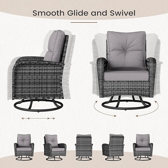 Kromax Outdoor Patio Furniture Set, All-Weather Wicker Swivel Glider Chairs Set of 2 with Coffee Table Table & Thick Machine Washable Cushions for Backyard, Garden, Porch, Grey/Grey