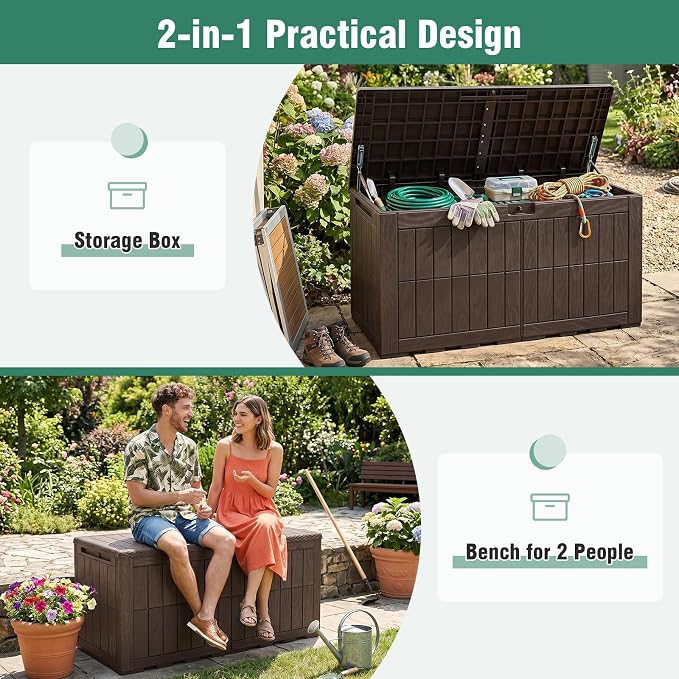 Tangkula 100 Gallon Outdoor Storage Box, Waterproof PP Resin Patio Storage Box with Lockable Lid for Indoor & Outdoor Use, 2-in-1 Rattan Design Deck Box for Cushions, Garden Tools