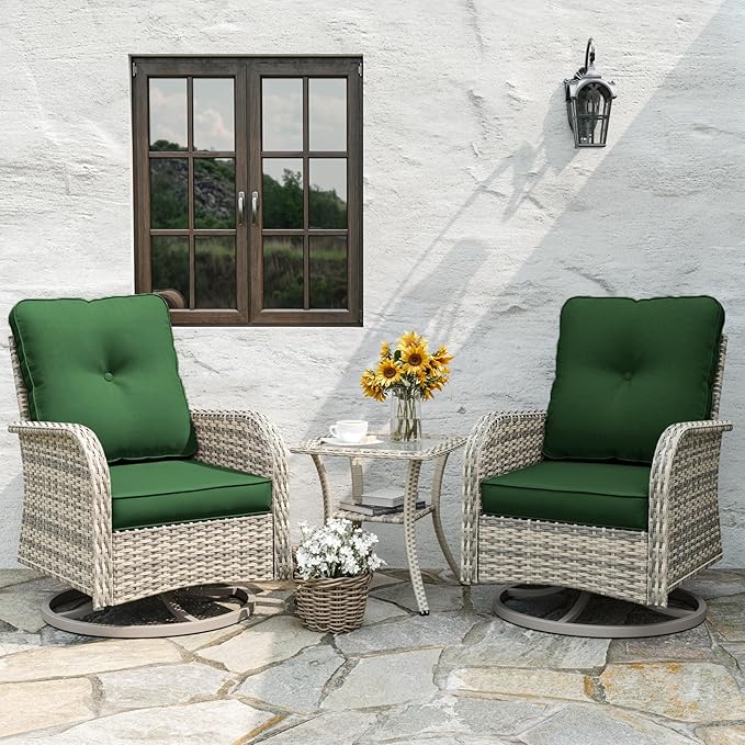 6-Piece Patio Rocking Swivel Chair Outdoor Wicker Rattan Bistro Set with Tempered Glass Side Table, Outdoor Patio Furniture Set for Garden, Deck, and Balcony, Green