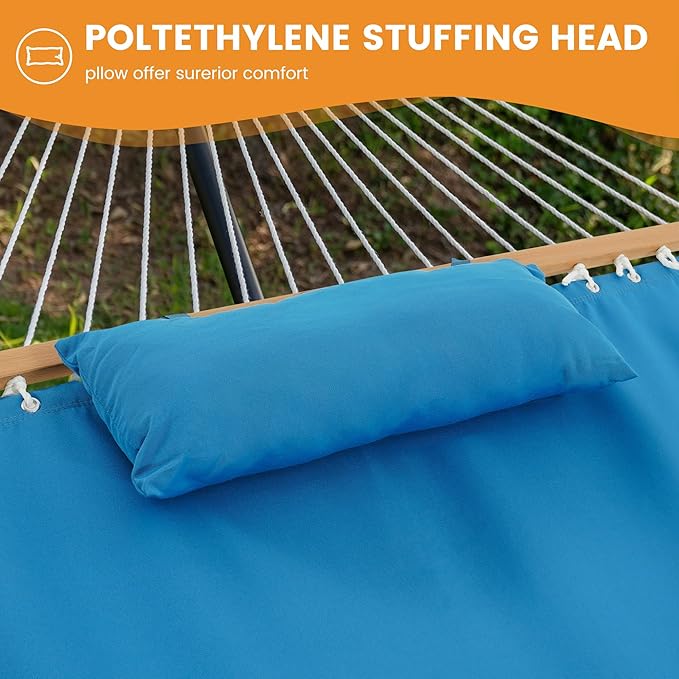 Lazy Daze Hammocks 12 FT Sunbrella Fabric Hammock not Fading with Spreader Bars and Free Pillow Fits for 2 Persons, All Weather and Fade Resistant for Patio Yard, 450 lbs Capacity, Canvas Pacific Blue