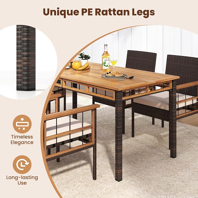 Tangkula 63-Inch Outdoor Dining Table for 6, Rectangular PE Rattan Patio Table with Acacia Wood Slatted Tabletop, 1.97" Umbrella Hole & Metal Frame, Outside Dining Furniture for Backyard, Garden, Deck