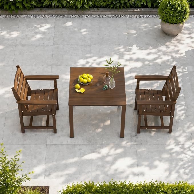 Domi HDPE Outdoor Dining Set, All-Weather Outdoor Dining Table Set of 3 with 2" Umbrella Hole, Outdoor Patio Dining Set for Garden, Poolside, Backyard, Deck, Brown