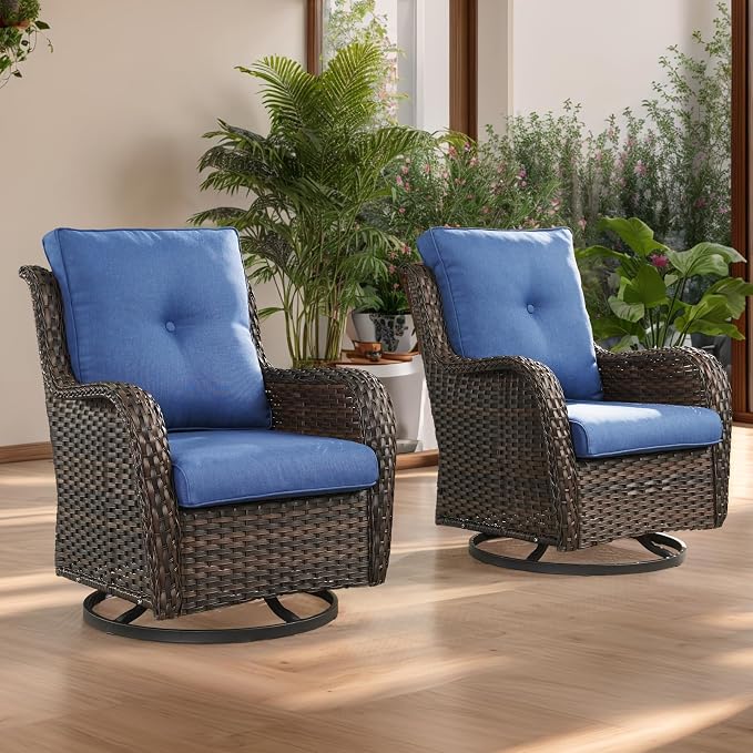 HUMMUH 7 Pieces Patio Furniture Set with Fire Pit Table Outdoor Conversation Set PE Wicker Patio Couch Swivel Glider Chairs Ottomans for Balcony Garden,Lawn,Deck
