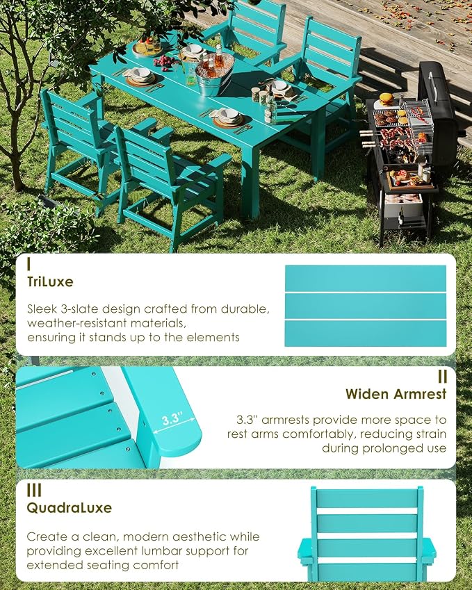 GREENVINES 5-Piece Outdoor Dining Set | HDPE | Patio Table and Chairs Sets for 4 | Patio Furniture | All Weather | Umbrella Hole | Aqua | for Backyard Poolside Garden