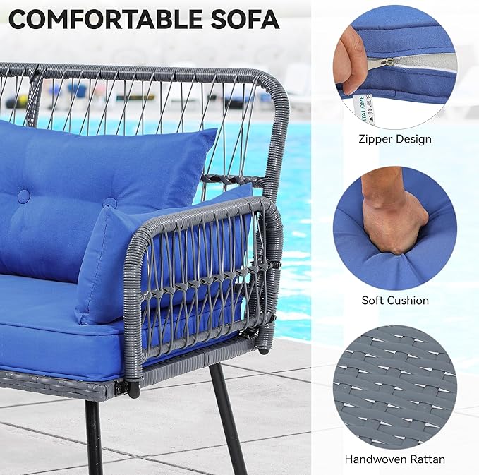 YITAHOME Outdoor Patio Furniture L-Shaped Conversation Sectional Sofa Set for Backyard, Porch w/Thick Cushions Detachable Lounger & Side Table (Gray+Navy Blue)