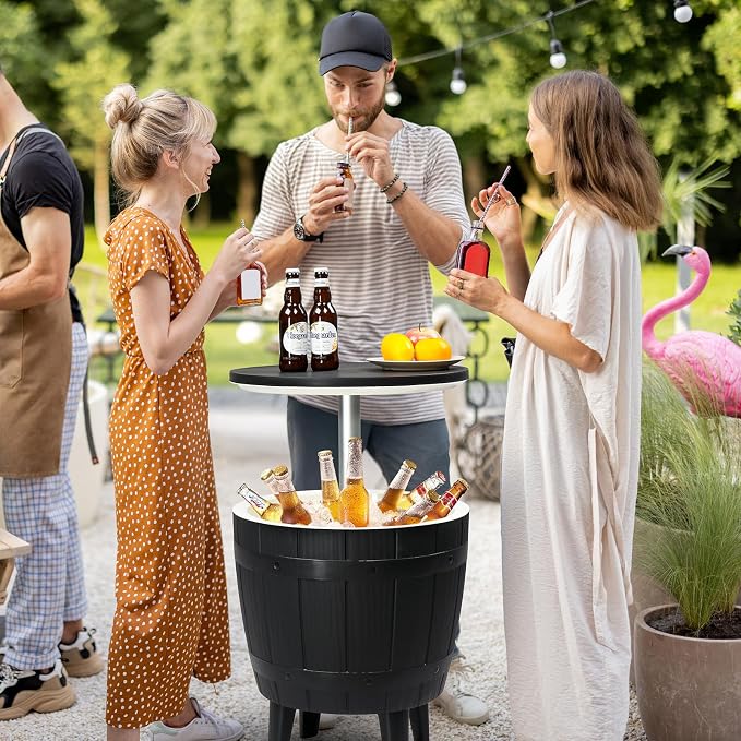 VINGLI 10 Gallon Patio Cooler Table, Portable Outdoor Party Bar with Pop-up Lid & Hidden Insulated Ice Chest, All-Weather Resin Side Table for Deck, Pool, Garden