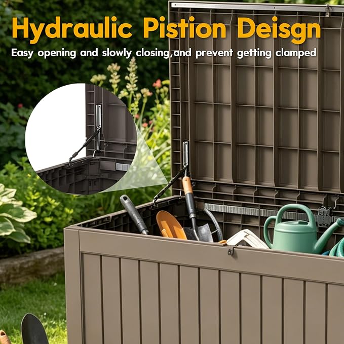 LAUSAINT HOME 240 Gallon Giant Resin Deck Box with Hydraulic Pistons - Waterproof Outdoor Storage Bench for Large Cushions, Lockable Patio Bin for Pool and Backyard (Light Brown)