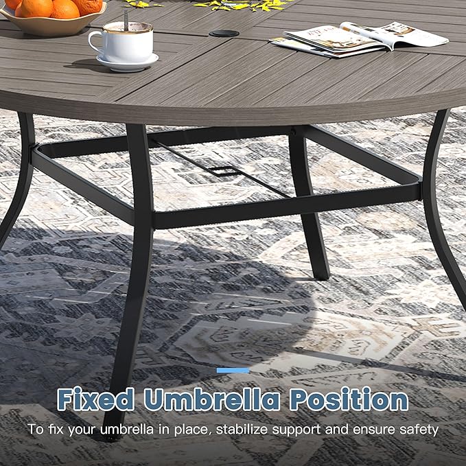 DIFY 9 Piece Outdoor Dining Set, Metal Patio Table and Chairs Set, 63" Grey Wood-Like Round Dining Table & 8 Grey Padded Textilene Swivel Patio Chairs, Outdoor Furniture Set for Garden Backyard