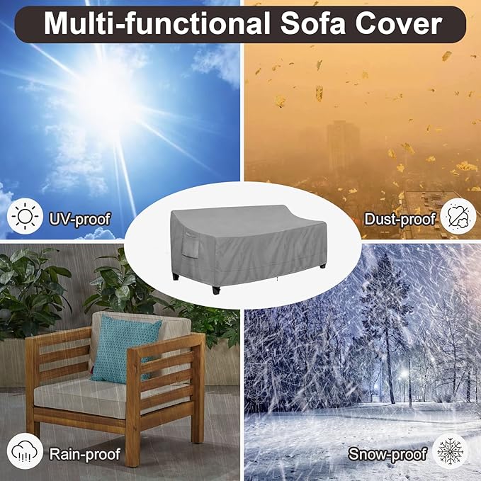PureFit Outdoor Couch Cover Waterproof Patio Sofa Furniture Covers, 3-Seater Outdoor Cover with Air Vent and Handles, 85W x 35D x 35H Inches, Gray