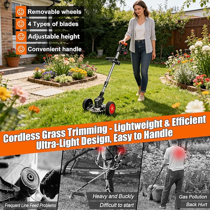 21V Cordless Weed Wacker for Thick Weeds, Lawn & Yard, 3-in-1 String Trimmer/Edger/Brush Cutter with 2 Batteries, 4 Blades & Wheels, 90° Pivot Head, Adjustable Height, Lightweight Easy for Homeowners