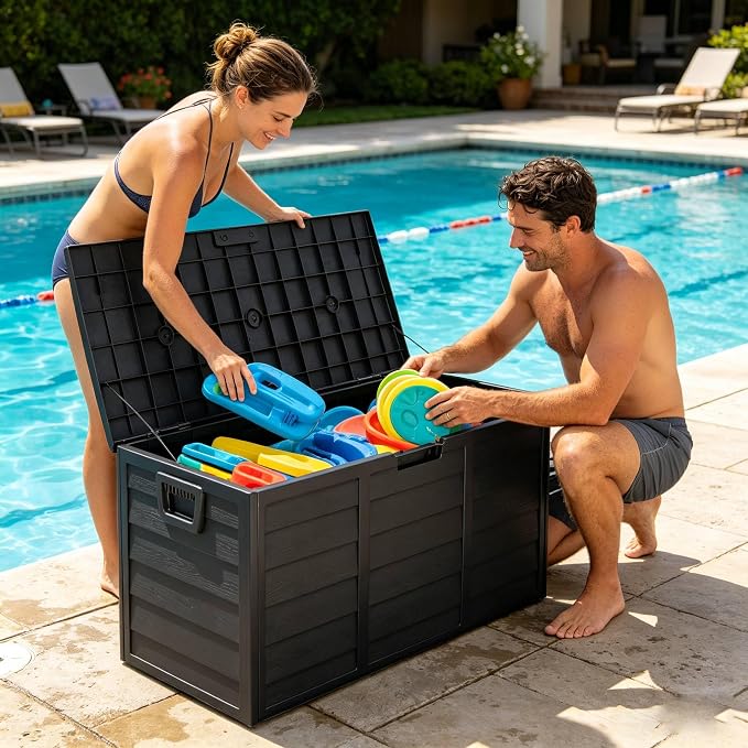 75 Gallon Large Outdoor Storage Box, Indoor and Outside Deck Box with Lockable Design Lids, Waterproof Resin Storage Containers Bin for Garden, Garage, Patio, Poolside, Toy Storage Full Black