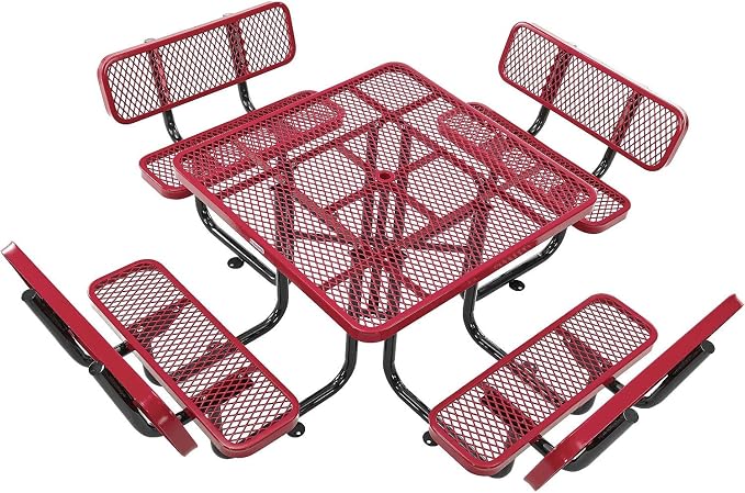 Global Industrial 46" Square Picnic Table with Backrests, Expanded Metal, Red Thermoplastic Coating, 1-1/2" Umbrella Hole, Outdoor-Rated, 1000 Lbs Capacity