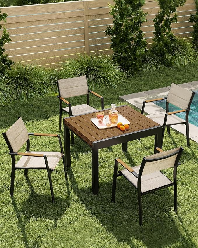 Expandable Patio Dining Table, Never-Rust Aluminum Extendable Outdoor Dining Table for 4-8 Person, 38"-77" Adjustable Indoor Outdoor Expandable Patio Table for Garden, Porch, Deck, Teak