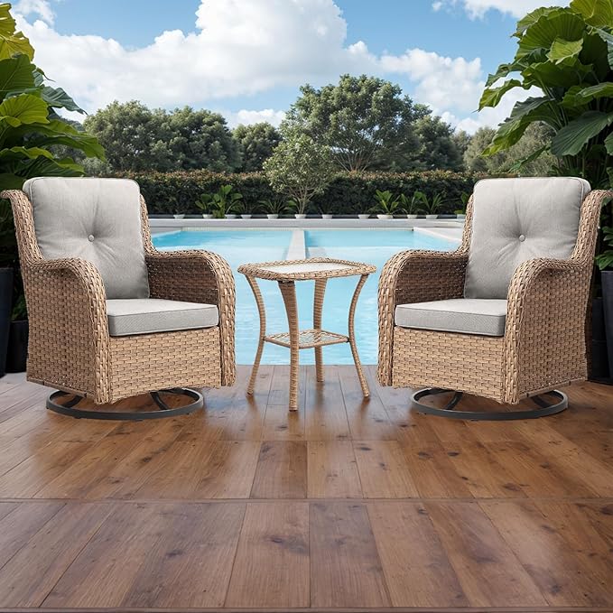 Rilyson Patio Chairs Rocking Swivel Chiar - 2 Piece Outdoor Wicker Furniture Chairs Set Rattan Rocker Chair with High Back and Deep Seating for Porch Deck(Yellow/Beige)