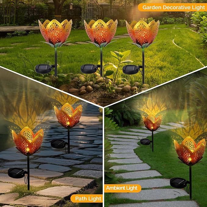Outdoor Solar Tulip Light, Crackle Globe Glass Metal Flower Decorations Lights for Lawn Ornaments, LED Lotus Hollow Petal Stake Light for Patio Yard Lawn Walkway Ground (Tulip - 2pcs)