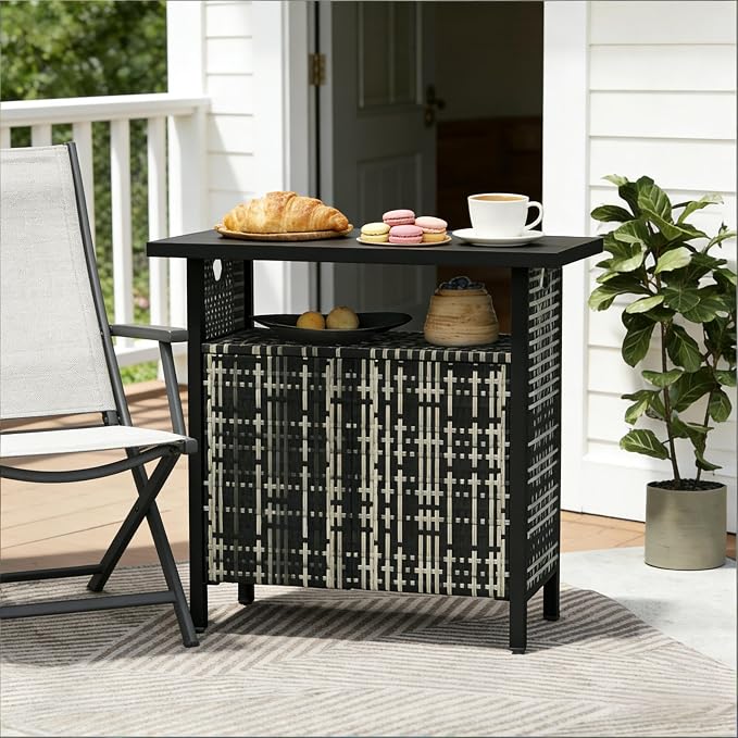 Outdoor Deck Box Storage Cabinet for Pool Towels and Patio Accessories, Wicker Style Patio Storage Box with Steel Frame and Wood Grain Top, 35.4 x 19.7 x 35.4 Inches, Mixed Color