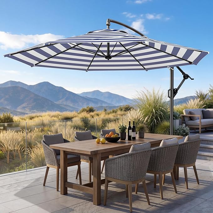 HOMSHADE 10ft Offset Patio Umbrella wIth Base, Cantilever Offset Hanging Patio Outdoor Market Umbrella UPF50+ UV Protection with Easy Tilt and Crank for Pool Deck and Garden(Navy Blue Stripes)