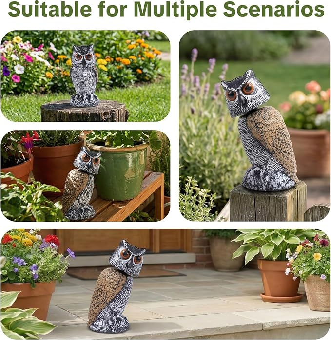 OFFO Fake Owl, Owl Statue for Garden and Yard Decoration, Weatherproof Plastic Rotating Head Outdoor Owl Decor for Porch Pool Patio Yard, 8-Inch Height, Round Ear Owl