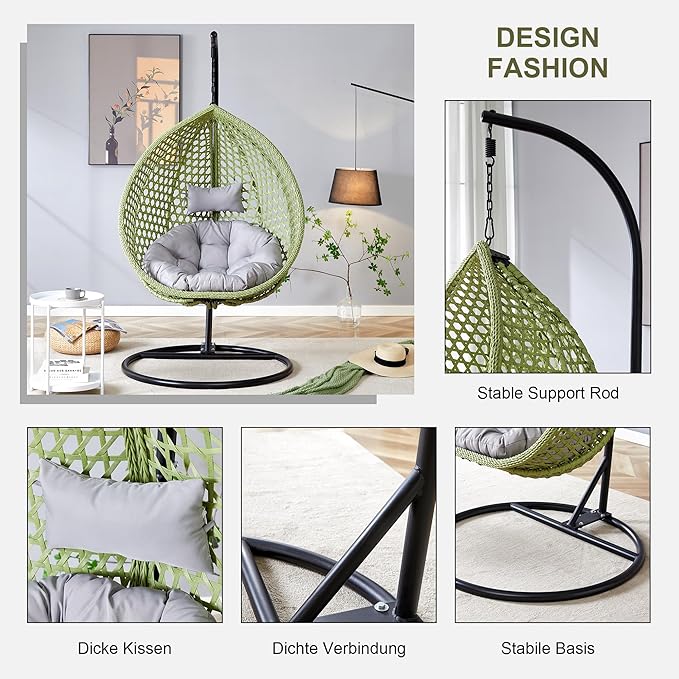 Hanging Egg Swing Chair with Stand, Rattan Wicker Hanging Egg Chair Hammock Indoor with Cushions, Swinging Chair for Bedroom Outdoor Patio Balcony Backyard Sunroom Heavy Duty 350LBS, Green
