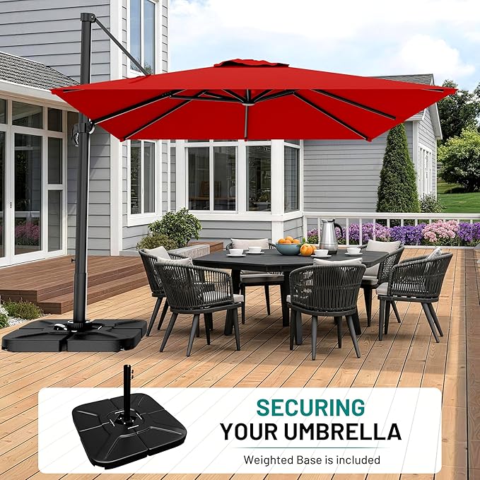 AreShark 10 × 10FT Square Cantilever Patio Umbrella with Base Included, 360° Rotation Offset Outdoor Umbrella, 5 Tilt Settings Heavy Duty Hanging Parasol for Deck Garden Pool, Red