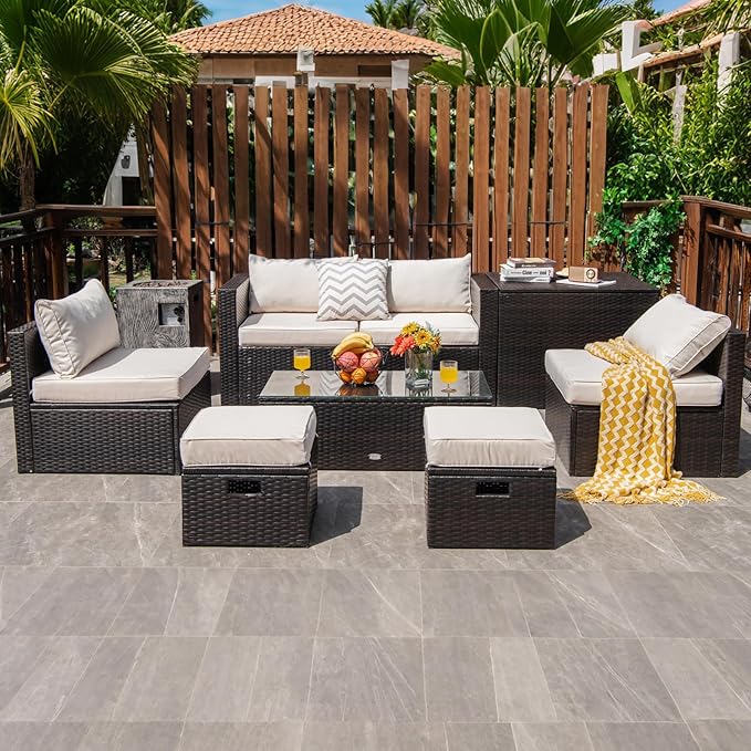 COSTWAY 8-Piece Outdoor Patio Furniture Set, Rattan Sectional Sofa, Armless Chairs, Side Table with Storage Ottoman & Glass Coffee Table, Space-Saving Conversation Set for Garden Deck (White)