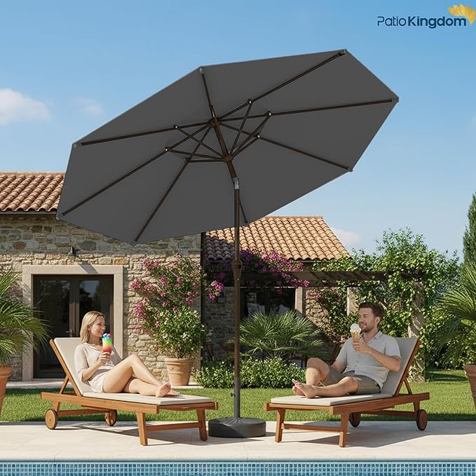 9FT Patio Umbrella 2-Tier Outdoor Market Table Umbrella with Push-Button Tilt & Crank | UPF 50+ & Waterproof for Backyard,Garden,Pool,Deck (Gray)