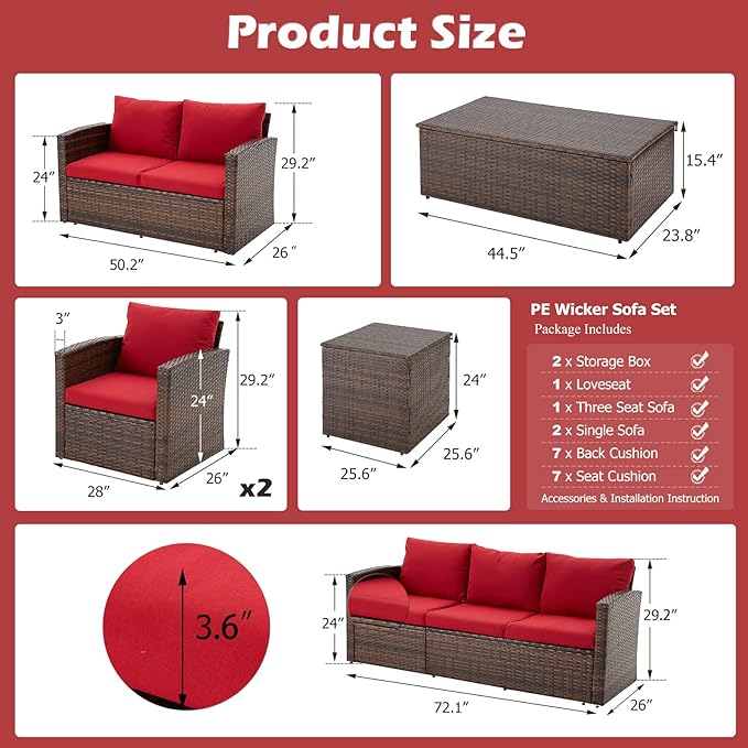 AECOJOY 7 Pieces Patio Furniture Set with Two Storage Boxes, Outdoor Wicker Sectional Sofa, All-Weather Rattan Conversation Set for Garden, Backyard, Red Cushion&Brown Rattan