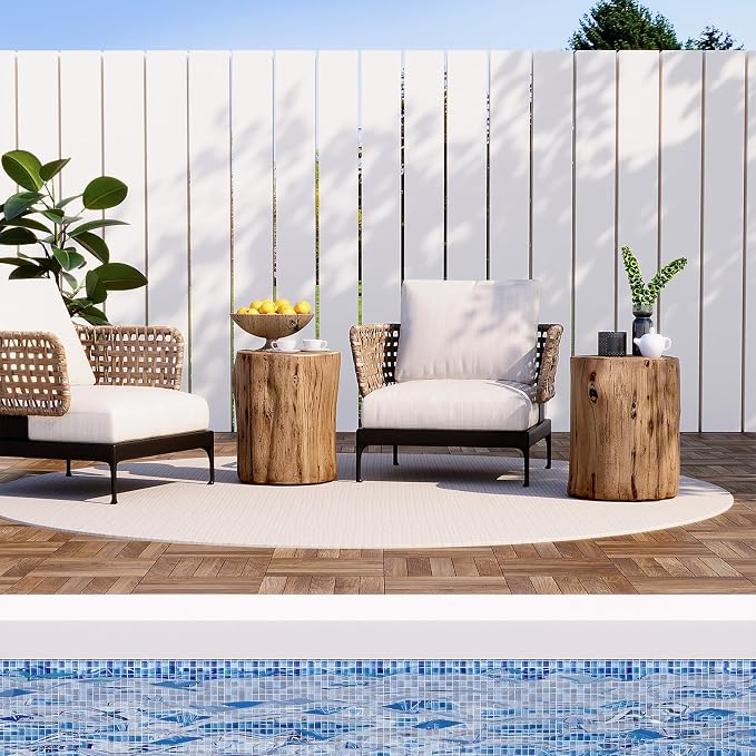 HOMPUS Concrete Outdoor Side Table Tree Stump Modern Round Coffee Table Accent Table Plant Stand Faux Wood End Table Garden Stool for Patio,Home Decor, Living Room(Light Oak)