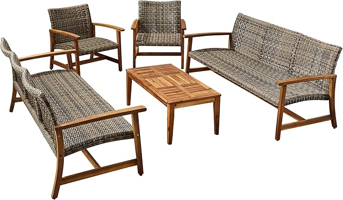 Christopher Knight Home Hamptom Outdoor 5 Piece Acacia Wood and Wicker Sofa Conversation Set, Gray