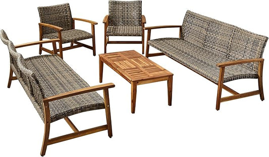 Christopher Knight Home Hamptom Outdoor 5 Piece Acacia Wood and Wicker Sofa Conversation Set, Gray