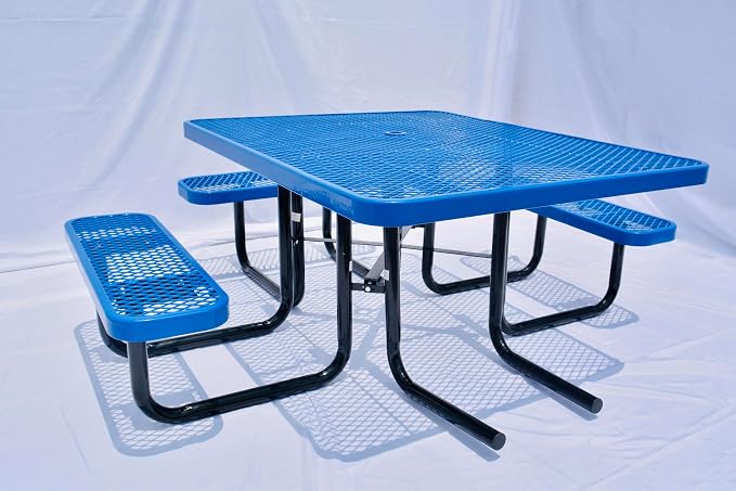 Heavy Duty ADA Outdoor Picnic Table, Expanded Metal, Wheelchair Accessible (Blue, 46 Square)