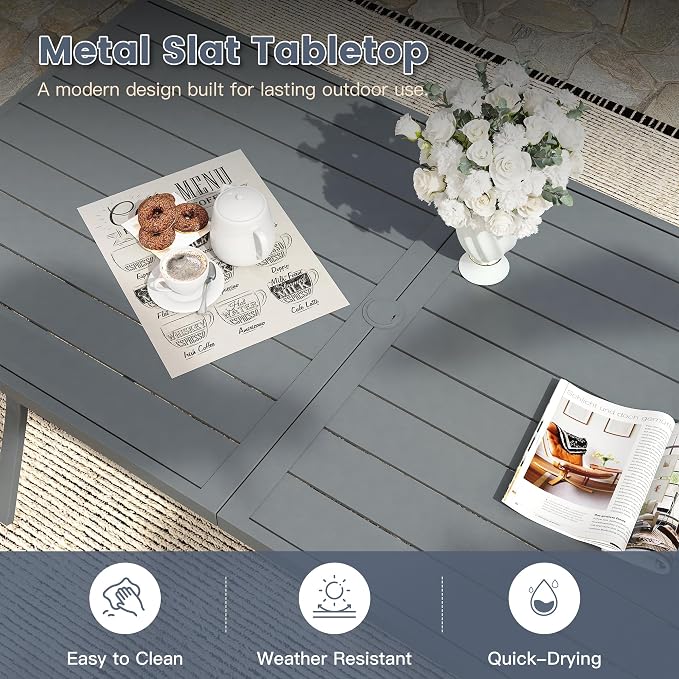 VICLLAX 9 Pieces Patio Outdoor Dining Set, 8 Swivel Textilene Chairs and 70" Rectangular Metal Table with Umbrella Hole for Porch, Deck, Garden, Dark Grey/Grey