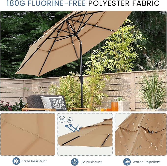 DUMOS LED Outdoor Patio Umbrella 10 FT UV-Resistant Market Umbrella with Tilt Adjustment & Crank Lift, All-Weather Shade for Backyard, Deck, Garden, Beach
