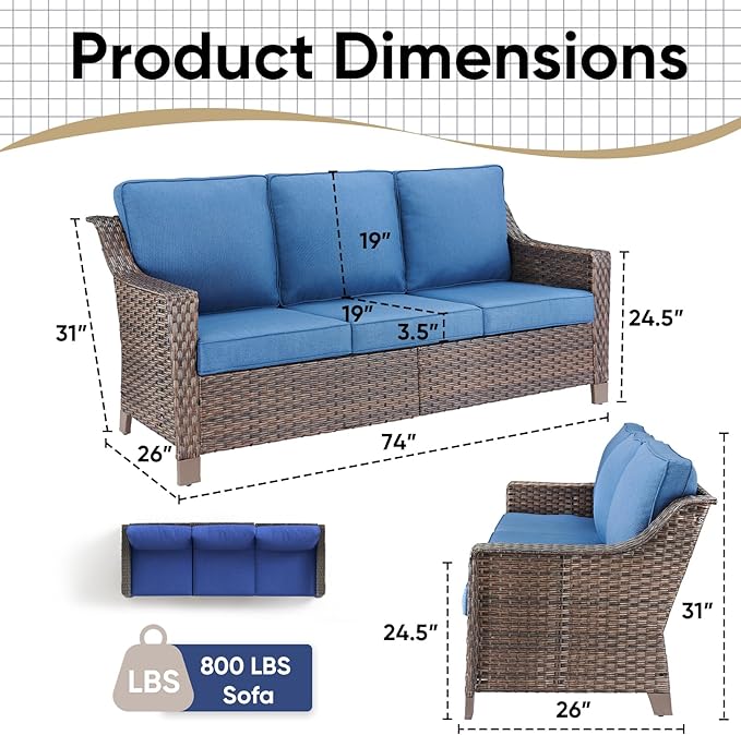 Outdoor Couch Wicker Patio Sofa-3-Seat High Back Outdoor Rattan Sofa Outdoor Patio Couch for Deck Balcony Poolside Backyard-Brown/Blue