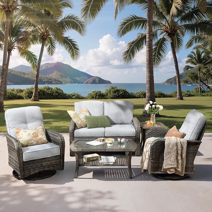 5-Piece Outdoor Patio Furniture Set with Swivel Chairs, Outdoor Conversation Wicker Sofa with Coffee Table, Rattan Couch for Deck Yard Poolside, Grey