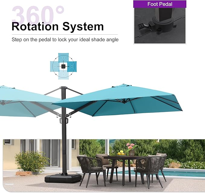 PURPLE LEAF 10 FT Cantilever Umbrella with Wheeled Base Square Large Aluminum Outdoor Offset Patio Umbrella with 360° Rotation for Pool Garden Deck Backyard Turquiose Blue